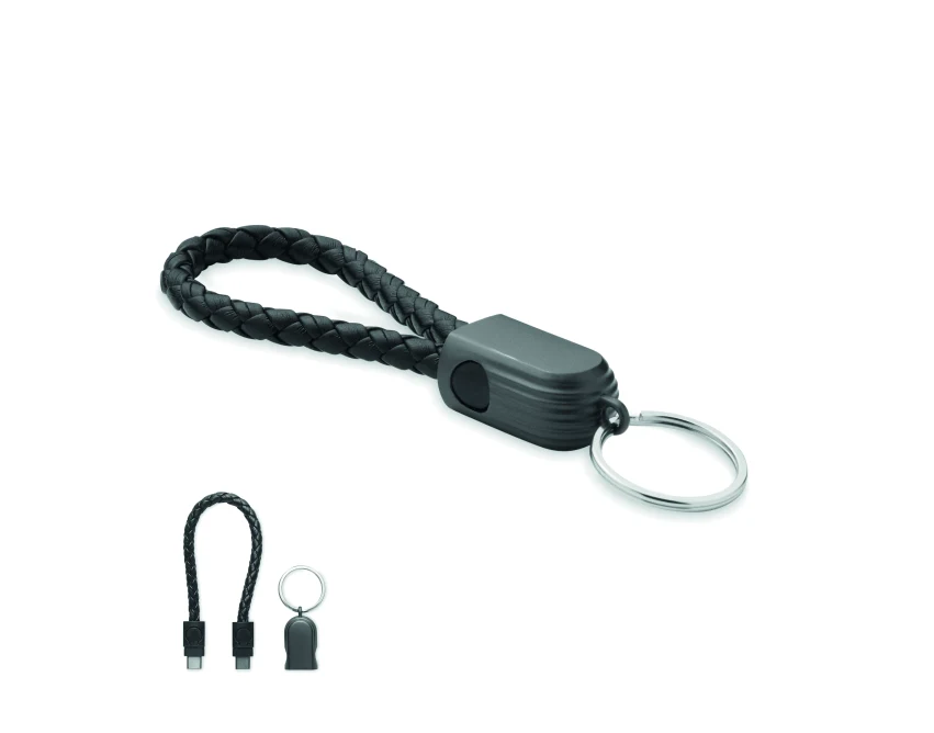 Czarny brelok z plecionym kablem USB-C 60W i logo firmy