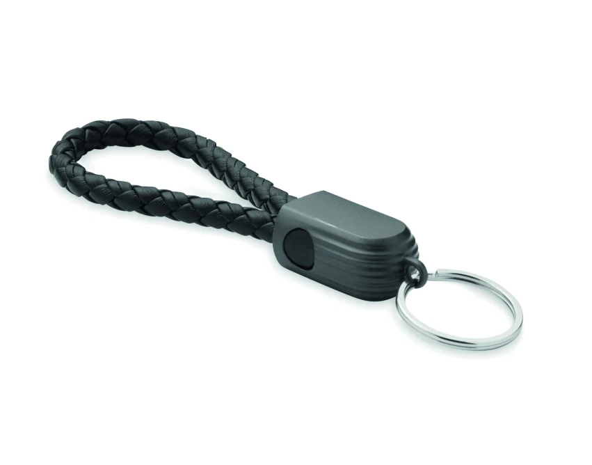 Czarny brelok z plecionym kablem USB-C 60W i logo firmy