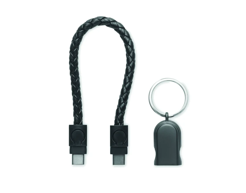 Czarny brelok z plecionym kablem USB-C 60W i logo firmy