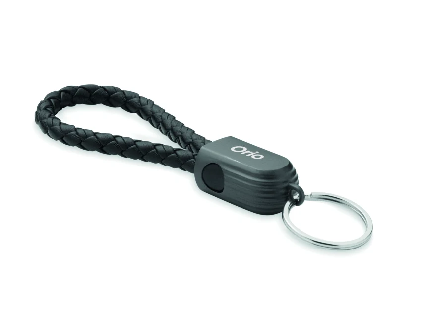 Czarny brelok z plecionym kablem USB-C 60W i logo firmy
