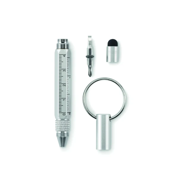 Srebrny brelok aluminiowy z długopisem i śrubokrętem 2w1