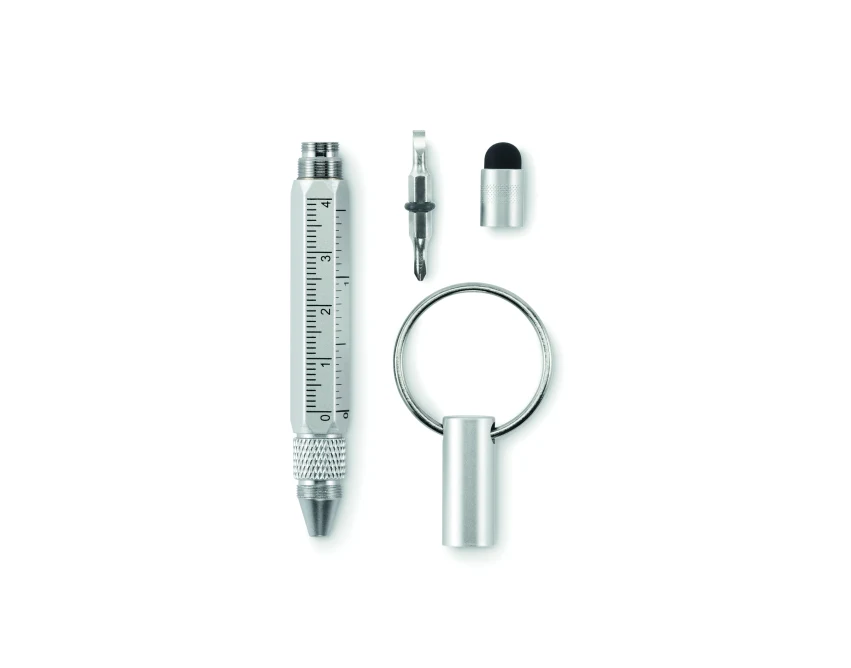 Srebrny brelok aluminiowy z długopisem i śrubokrętem 2w1