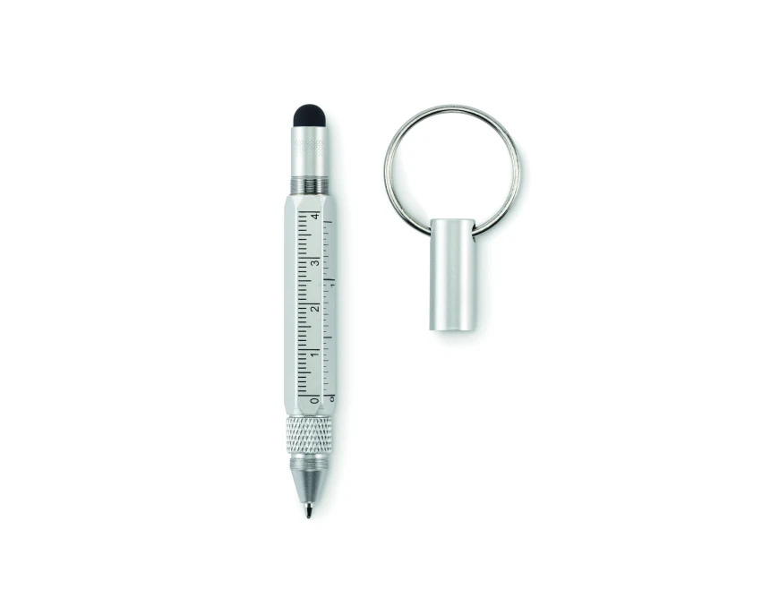 Srebrny brelok aluminiowy z długopisem i śrubokrętem 2w1