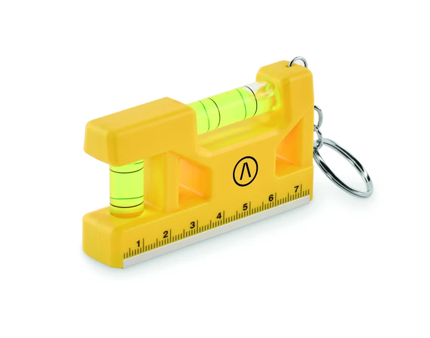 Żółty magnetyczny brelok z poziomicą, magnesem i linijką