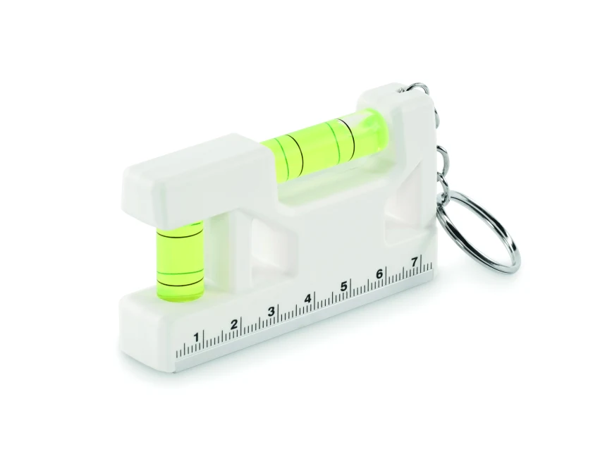 Biały brelok magnetyczny z poziomicą i miarką – z logo