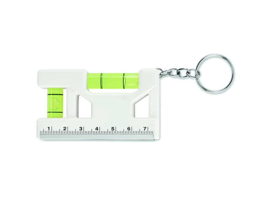 Biały brelok magnetyczny z poziomicą i miarką – z logo