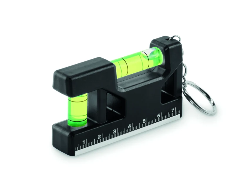 Czarny brelok magnetyczny z poziomicą i miarką z logo