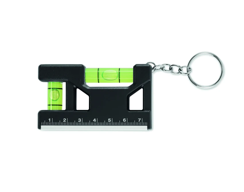 Czarny brelok magnetyczny z poziomicą i miarką z logo