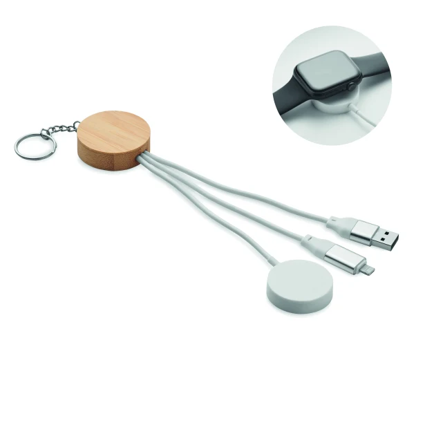 Brelok bambusowy 4w1 biały z logo – kabel 60W do ładowania