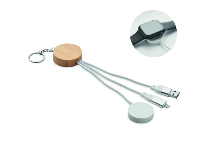 Brelok bambusowy 4w1 biały z logo – kabel 60W do ładowania