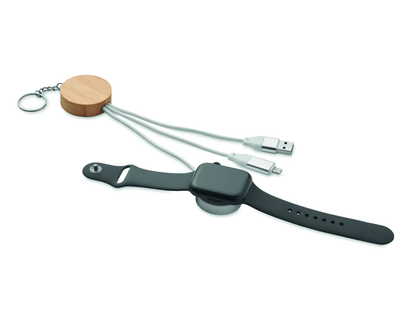 Brelok bambusowy 4w1 biały z logo – kabel 60W do ładowania
