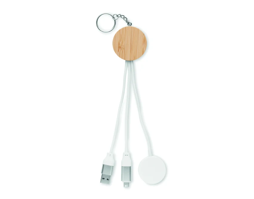 Brelok bambusowy 4w1 biały z logo – kabel 60W do ładowania