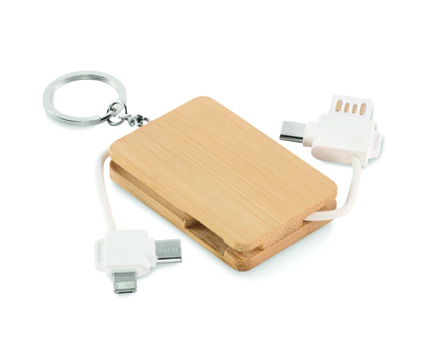 Bambusowy brelok z kablem 2w1 i logo – drewno, grawer