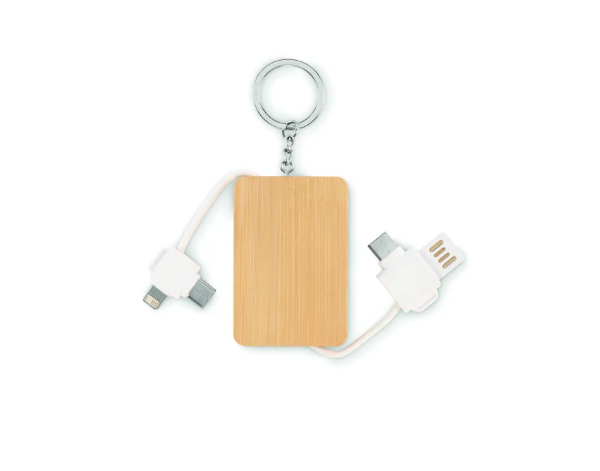 Bambusowy brelok z kablem 2w1 i logo – drewno, grawer