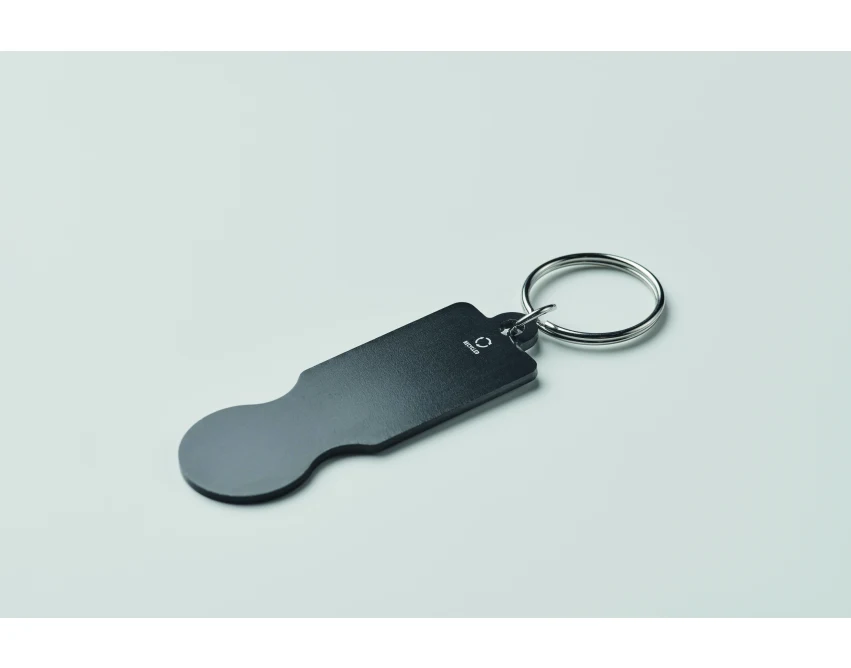 Czarny brelok Tokley z żetonem do wózka i logo firmy