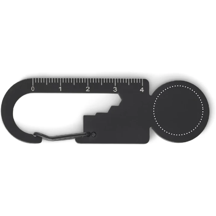 Schemat znakowania dla Tampondruk - P3 na gadżecie: Czarny brelok Multikey z żetonem, otwieraczem i logo