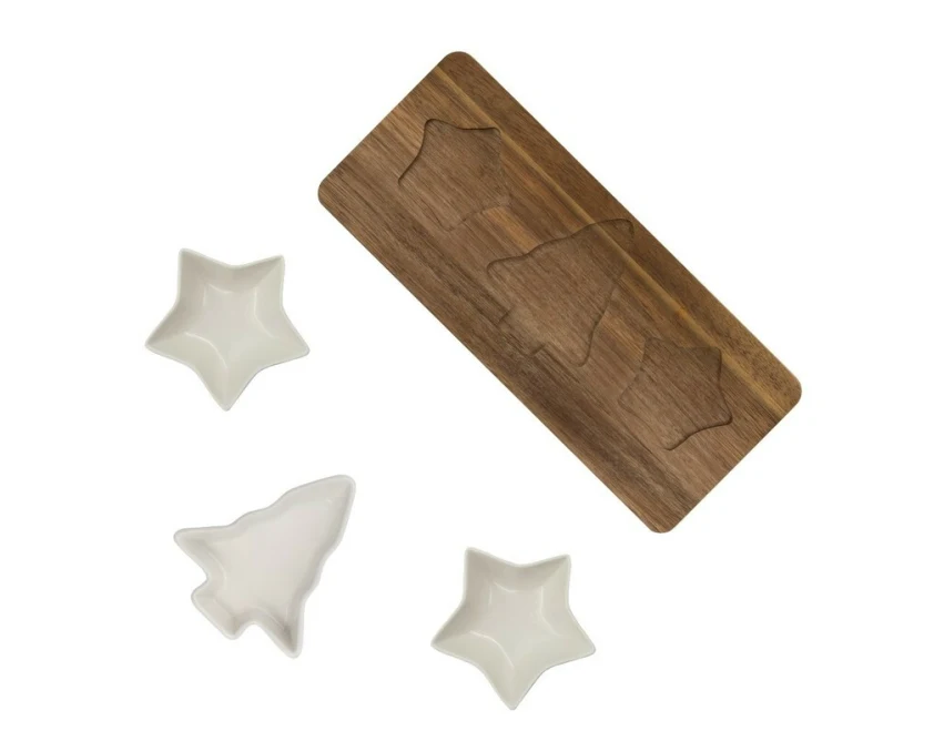 Zestaw świąteczny Nuut: akacjowa deska i białe miseczki