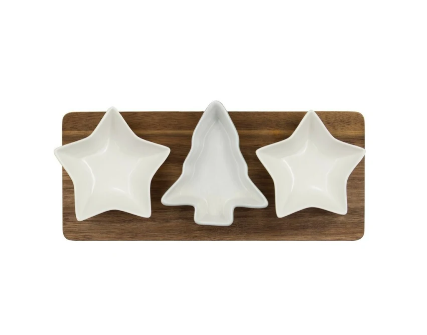 Zestaw świąteczny Nuut: akacjowa deska i białe miseczki