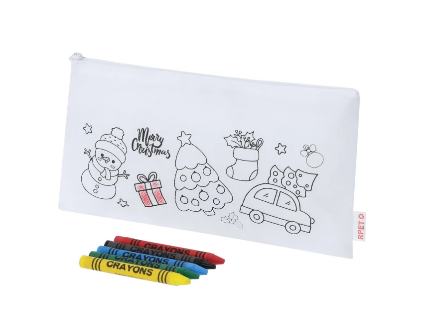 Piórnik świąteczny RPET z kredkami i logo do kolorowania