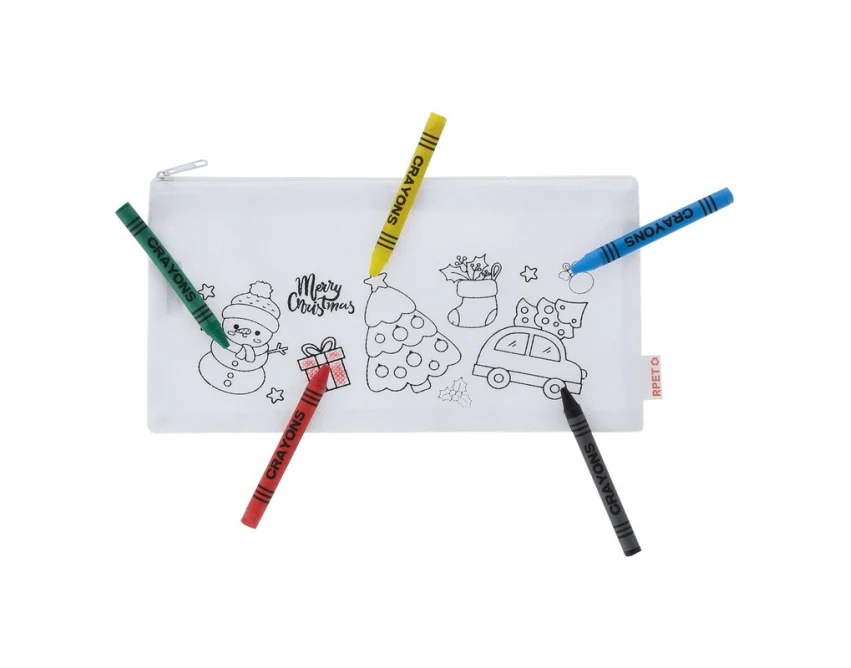 Piórnik świąteczny RPET z kredkami i logo do kolorowania