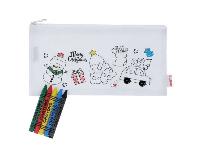 Piórnik świąteczny RPET z kredkami i logo do kolorowania
