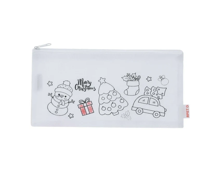 Piórnik świąteczny RPET z kredkami i logo do kolorowania