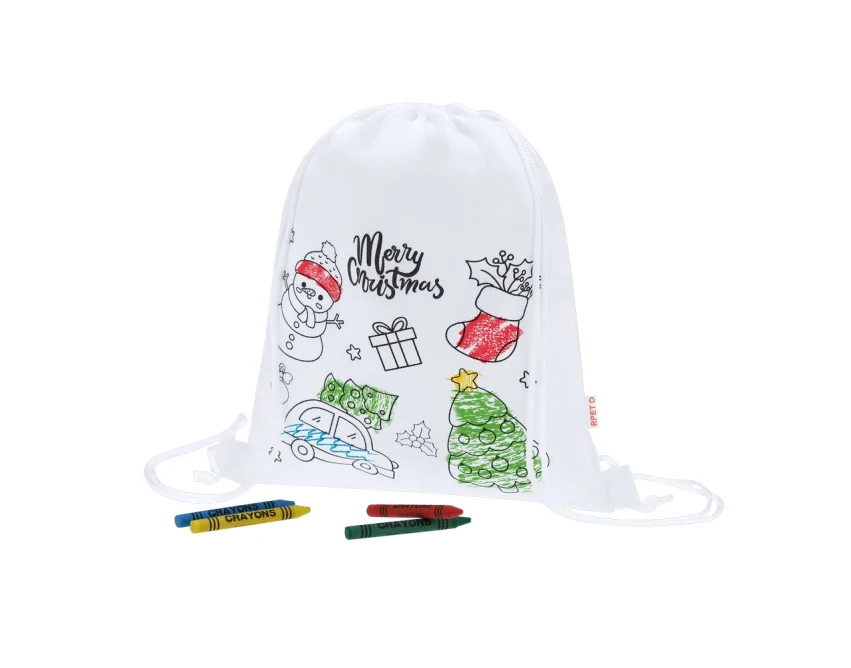Biały worek RPET do kolorowania ze świątecznym motywem, kredki