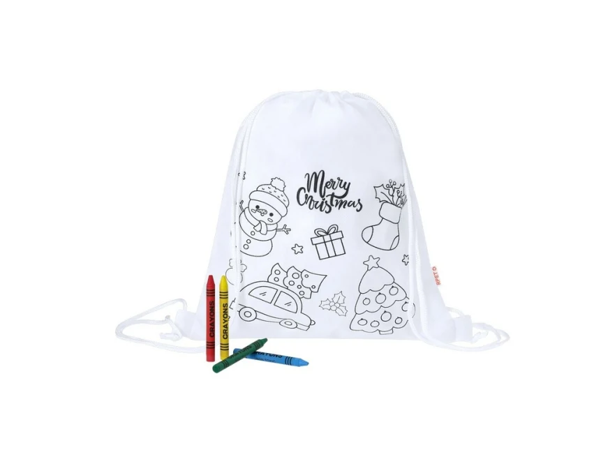 Biały worek RPET do kolorowania ze świątecznym motywem, kredki