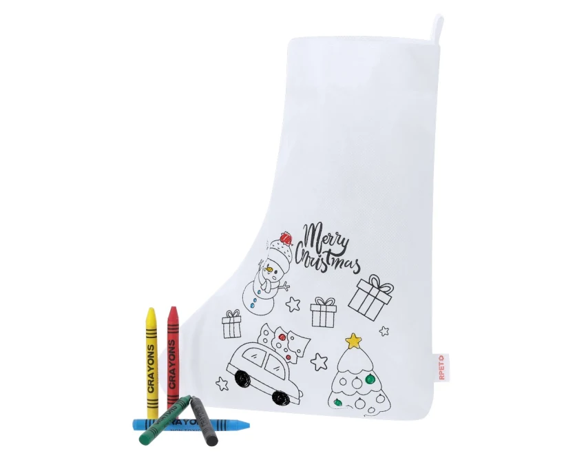 Biała skarpeta RPET do kolorowania z logo i kredkami