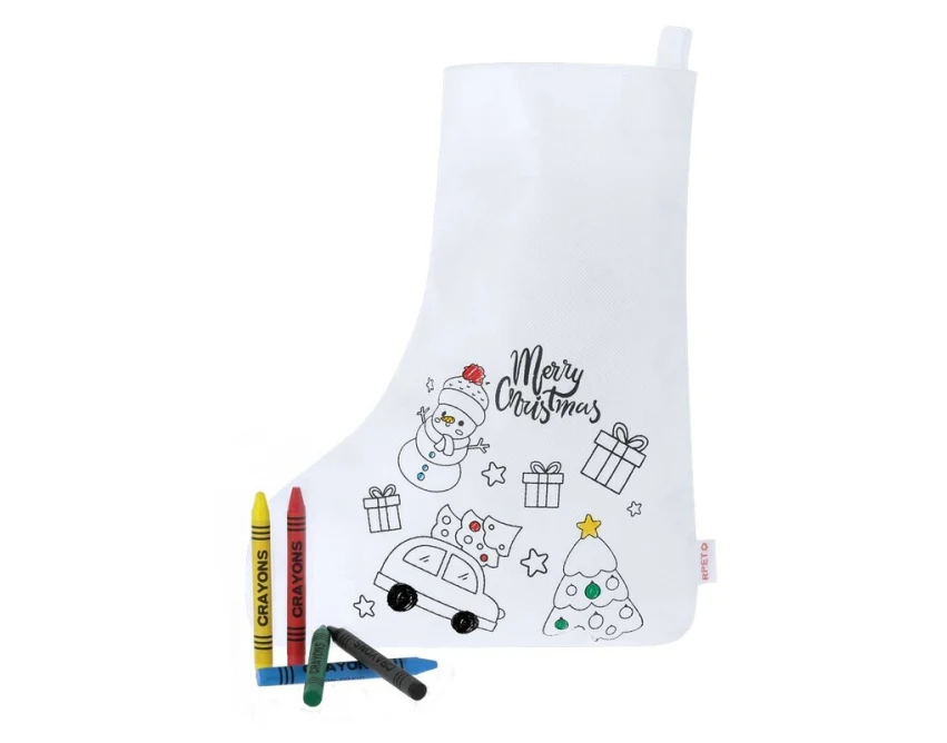 Biała skarpeta RPET do kolorowania z logo i kredkami