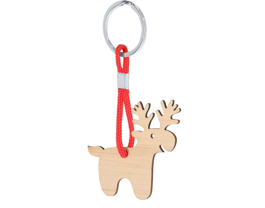 Bambusowy brelok renifer z czerwonym sznurkiem i logo firmy
