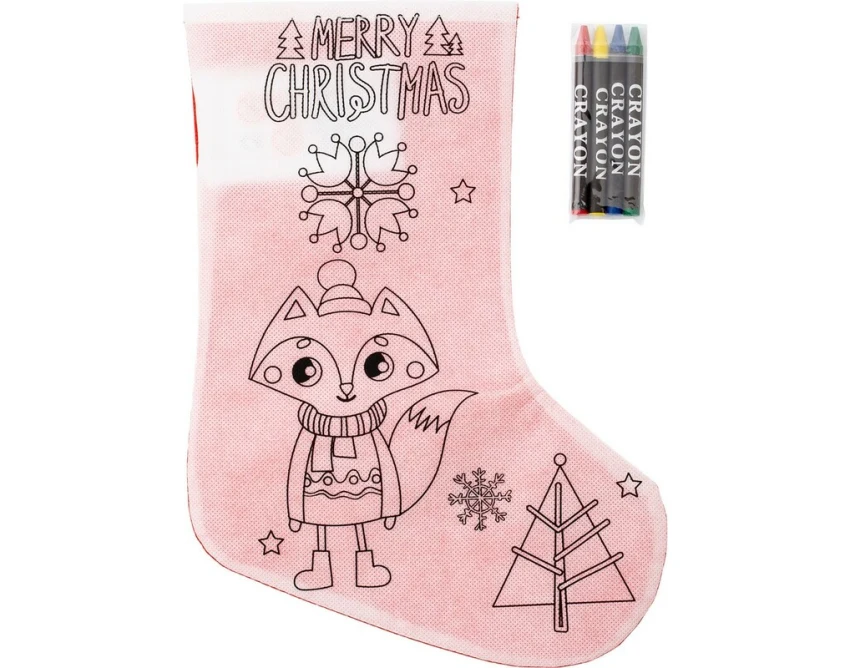 Skarpeta świąteczna do kolorowania z kredkami i logo