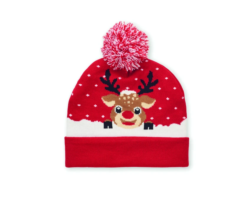Czerwona świąteczna czapka z reniferem i pomponem z logo