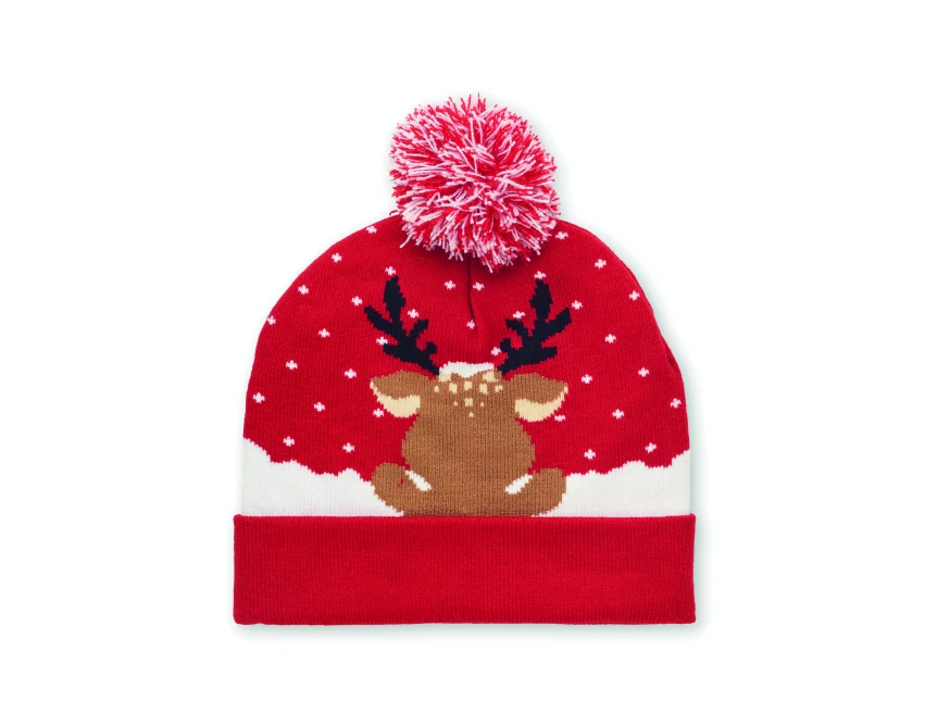 Czerwona świąteczna czapka z reniferem i pomponem z logo