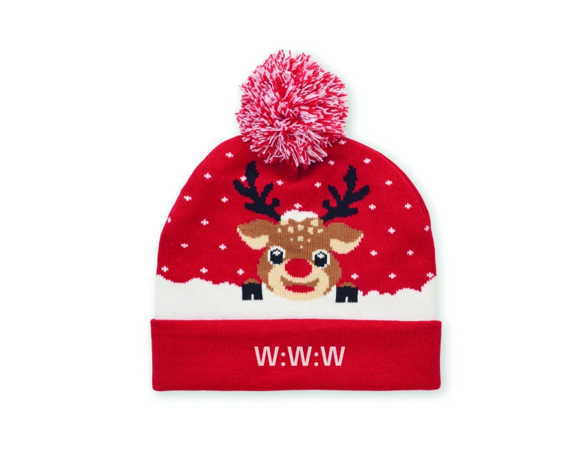 Czerwona świąteczna czapka z reniferem i pomponem z logo
