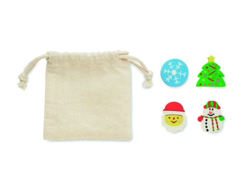 Świąteczne gumki Rubbies w beżowym woreczku z logo