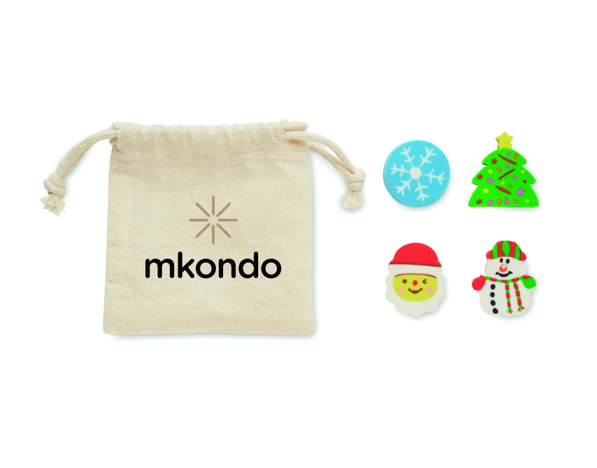 Świąteczne gumki Rubbies w beżowym woreczku z logo