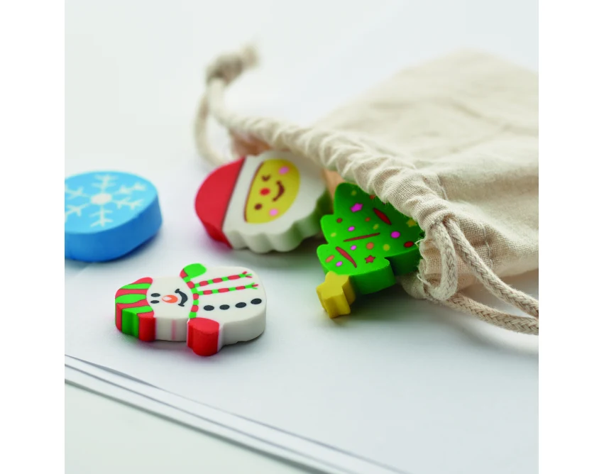 Świąteczne gumki Rubbies w beżowym woreczku z logo