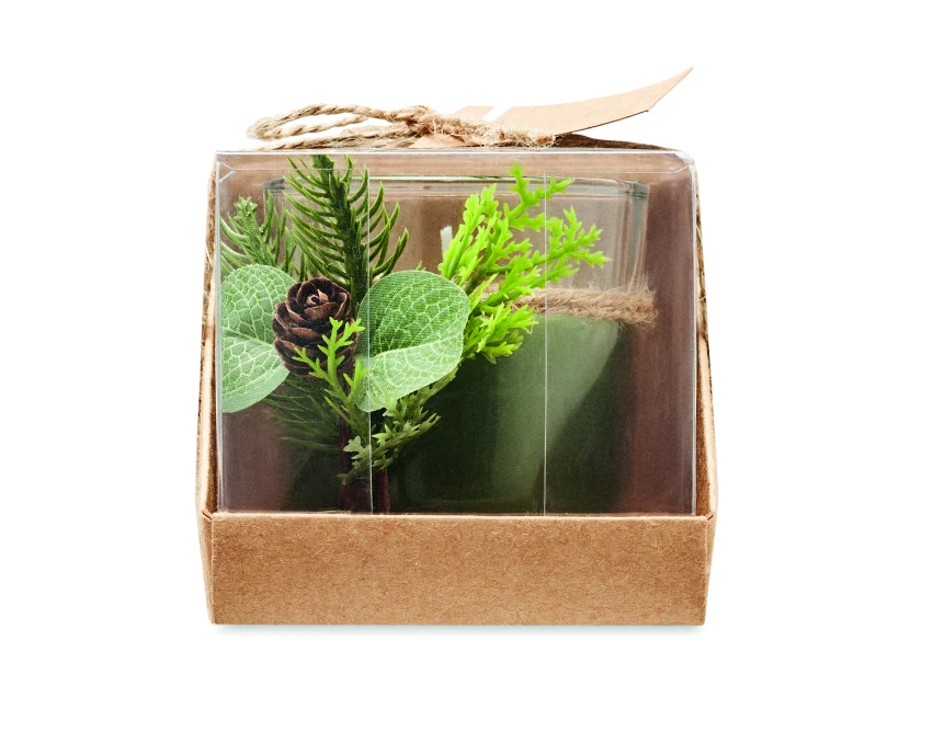 Świecznik Forest szklany zielony z gałązką i szyszką