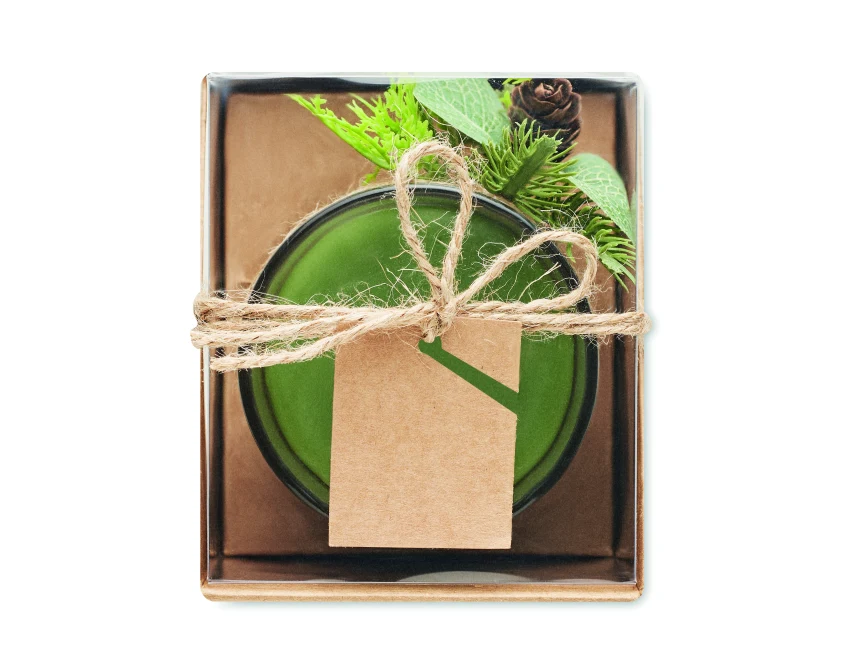 Świecznik Forest szklany zielony z gałązką i szyszką