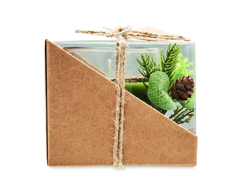 Świecznik Forest szklany zielony z gałązką i szyszką