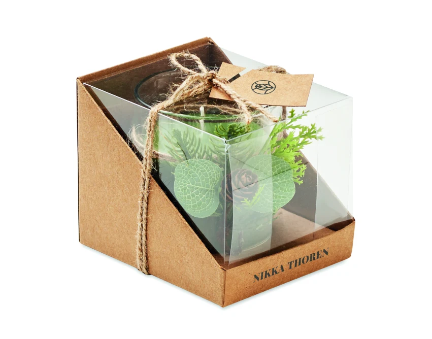 Świecznik Forest szklany zielony z gałązką i szyszką