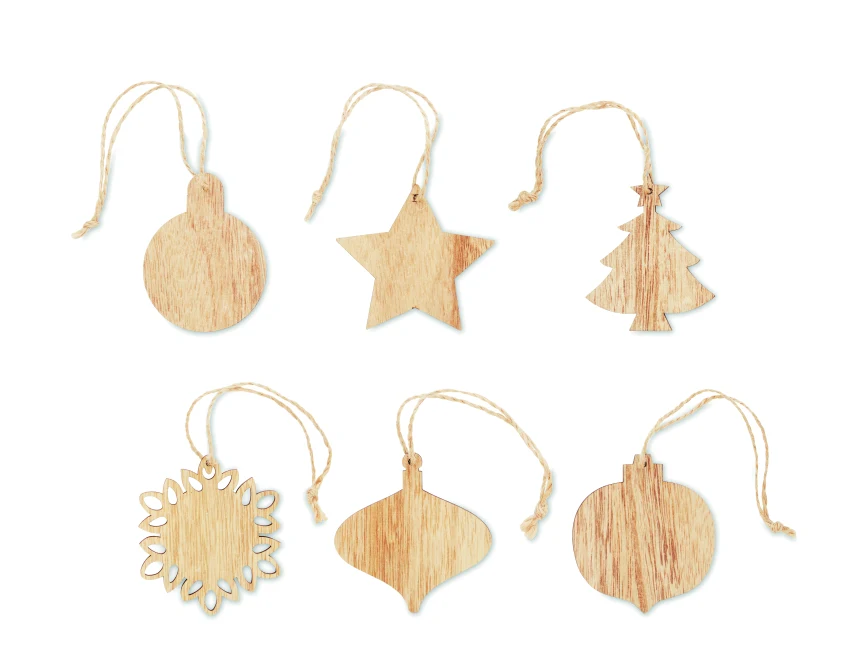 Drewniane ozdoby świąteczne z logo w pudełku kraft