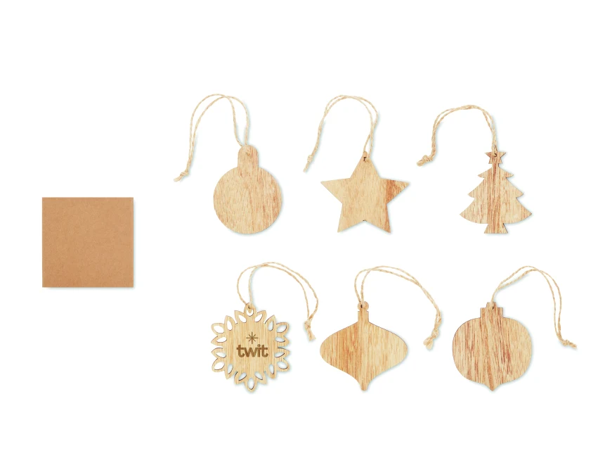 Drewniane ozdoby świąteczne z logo w pudełku kraft