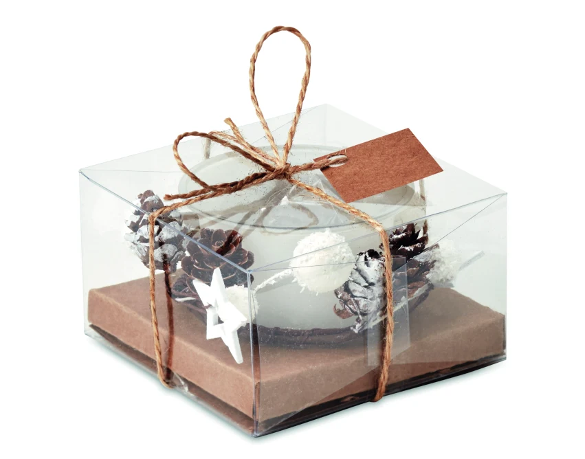 Biały świecznik Bougie ze szkła z logo i szyszkami