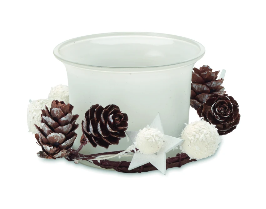 Biały świecznik Bougie ze szkła z logo i szyszkami