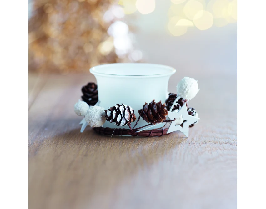 Biały świecznik Bougie ze szkła z logo i szyszkami