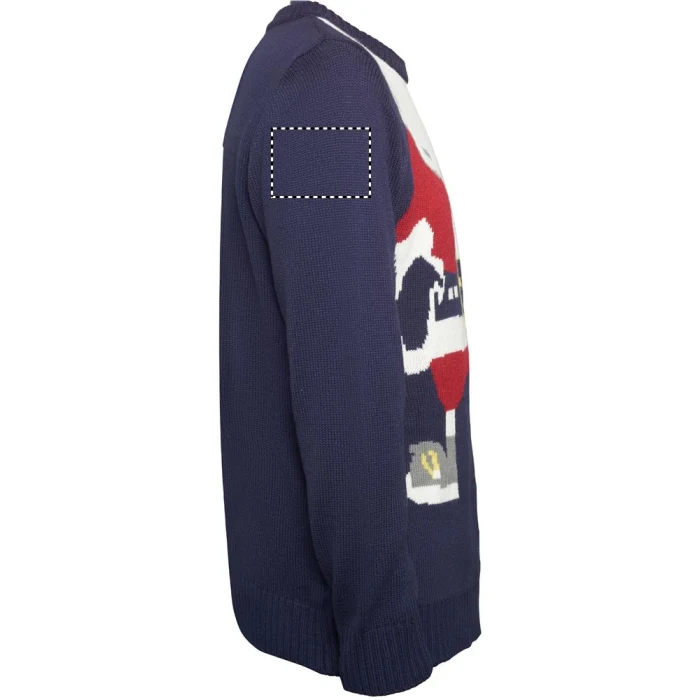 Schemat znakowania dla Transfer sitodruk - T1 na gadżecie: Granatowy sweter świąteczny S/M z Mikołajem, akryl, logo