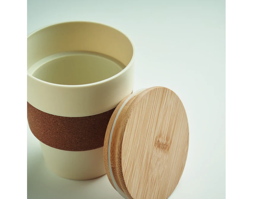 Beżowy ekokubek 300 ml z logo, korek i bambus – Galao