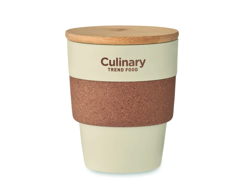 Beżowy ekokubek 300 ml z logo, korek i bambus – Galao